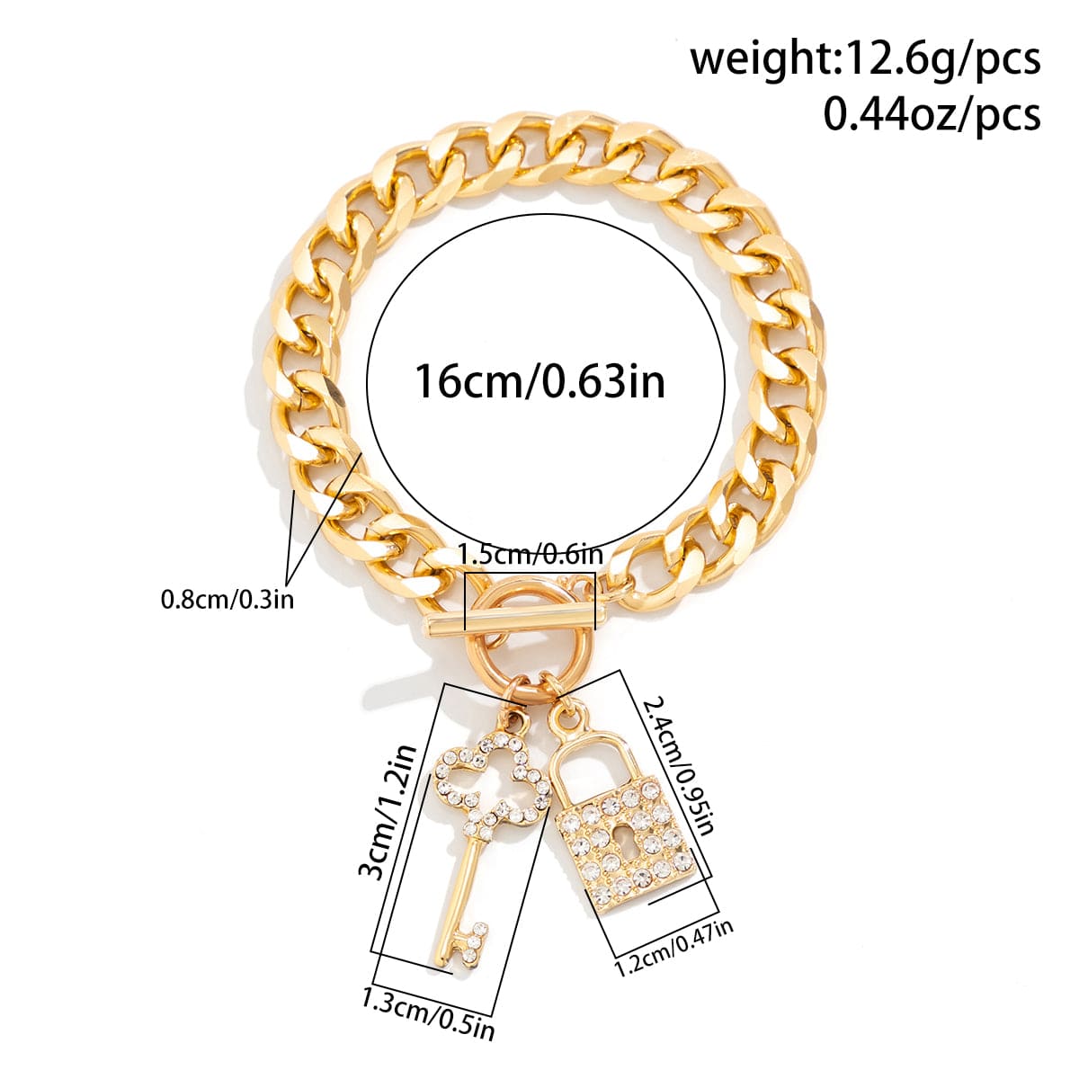 Trendy Toggle Clasp CZ Inlaid Lock Key Pendant Curb Chain Bracelet - ArtGalleryZen