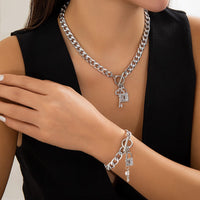 Thumbnail for Trendy Toggle Clasp CZ Inlaid Lock Key Pendant Curb Chain Necklace Bracelet Set - ArtGalleryZen