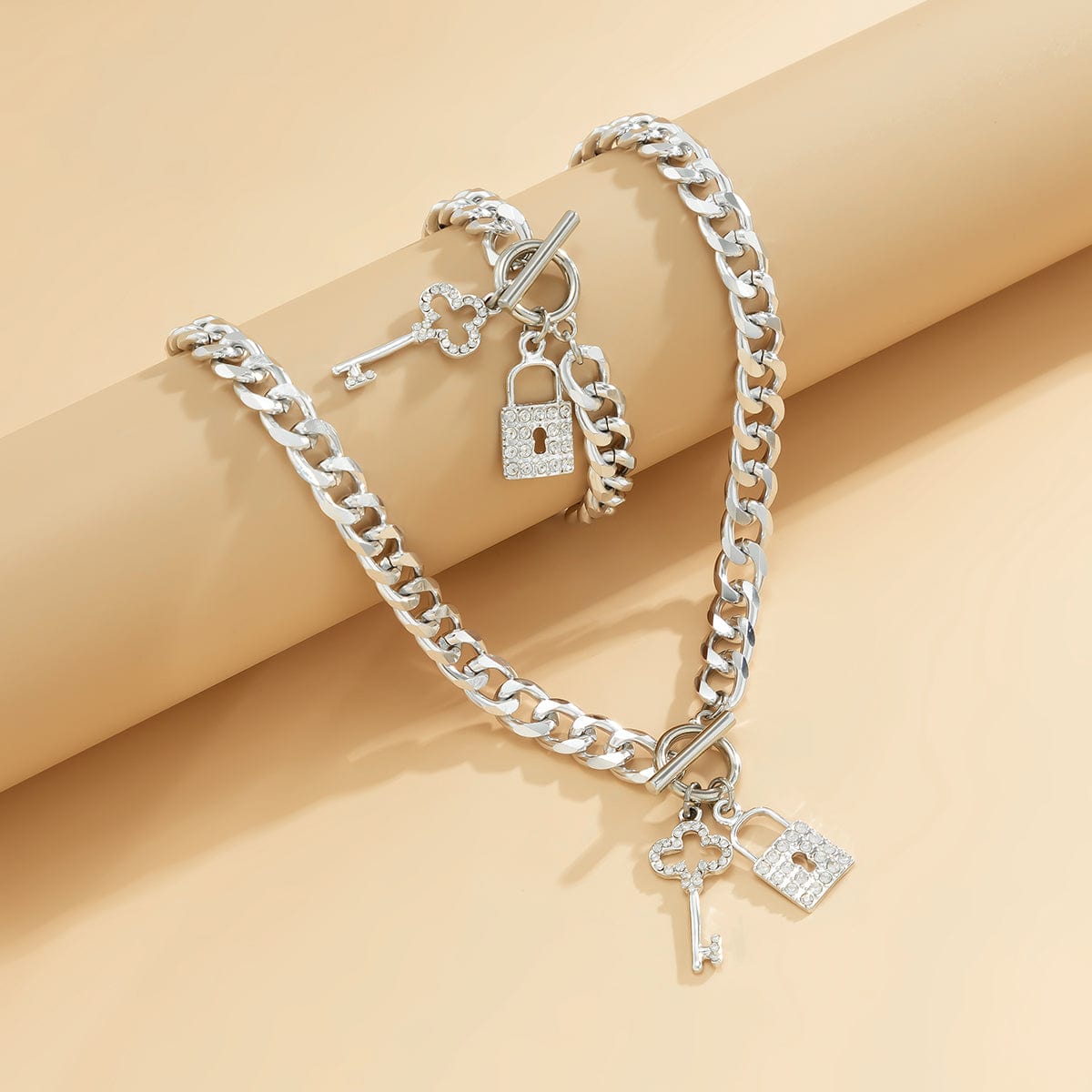 Trendy Toggle Clasp CZ Inlaid Lock Key Pendant Curb Chain Necklace Bracelet Set - ArtGalleryZen