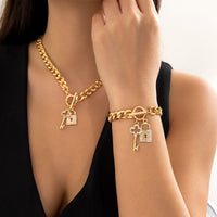 Thumbnail for Trendy Toggle Clasp CZ Inlaid Lock Key Pendant Curb Chain Necklace Bracelet Set - ArtGalleryZen