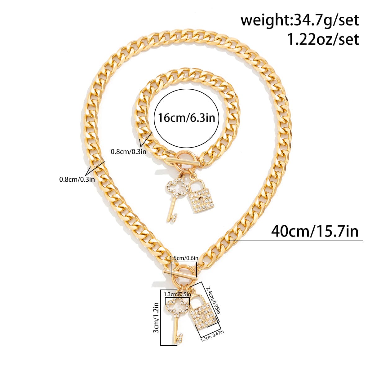 Trendy Toggle Clasp CZ Inlaid Lock Key Pendant Curb Chain Necklace Bracelet Set - ArtGalleryZen