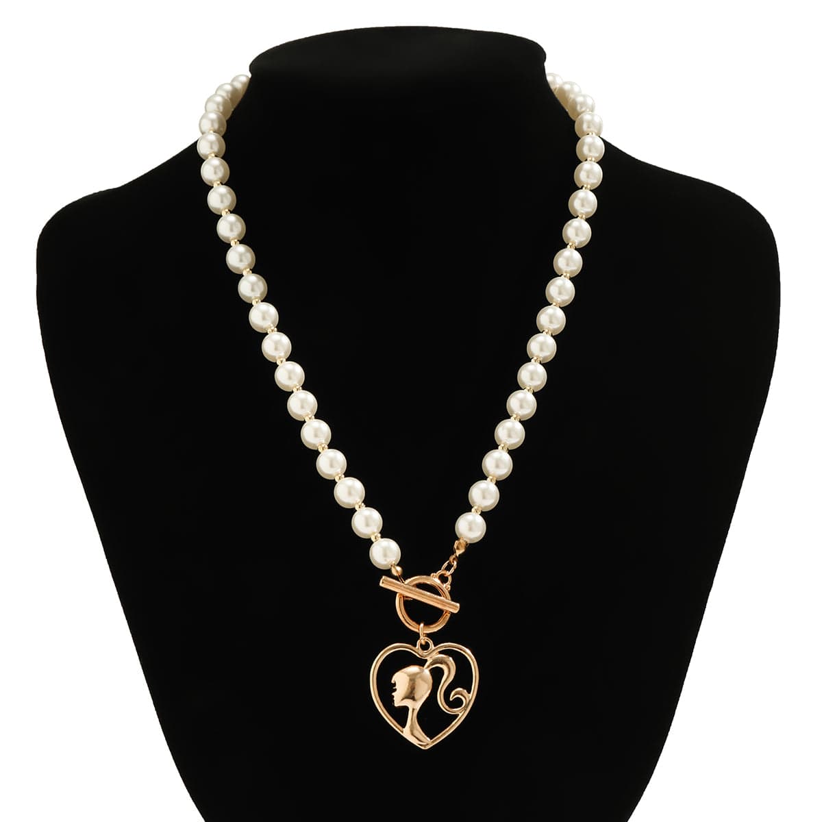 Trendy Toggle Clasp Heart Barbie Pendant Pearl Chain Necklace - ArtGalleryZen