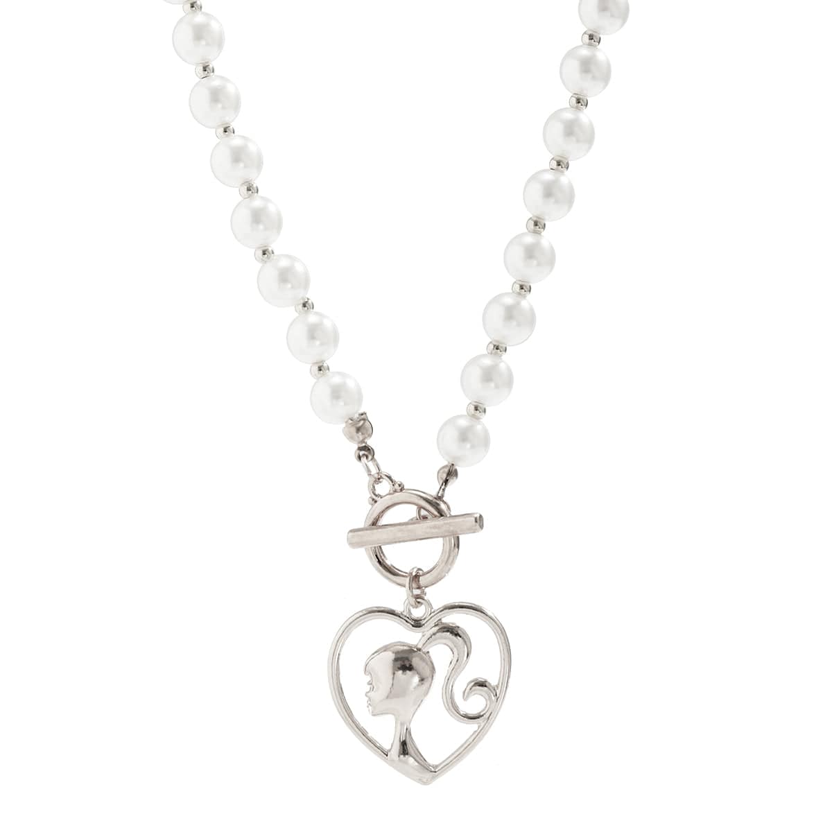 Trendy Toggle Clasp Heart Barbie Pendant Pearl Chain Necklace - ArtGalleryZen