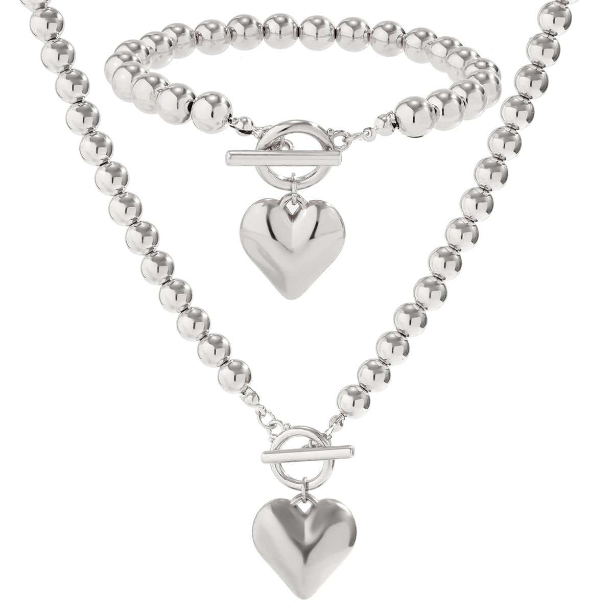 Trendy Toggle Clasp Heart Pendant Ball Chain Bracelet Necklace Set - ArtGalleryZen