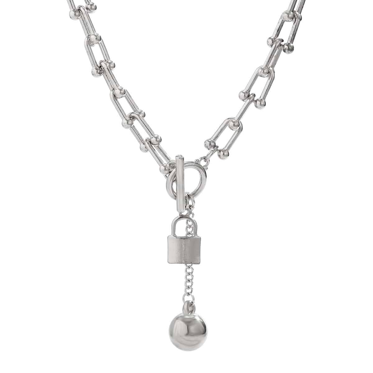 Trendy Toggle Clasp Lock Ball Pendant Curb Chain Necklace - ArtGalleryZen