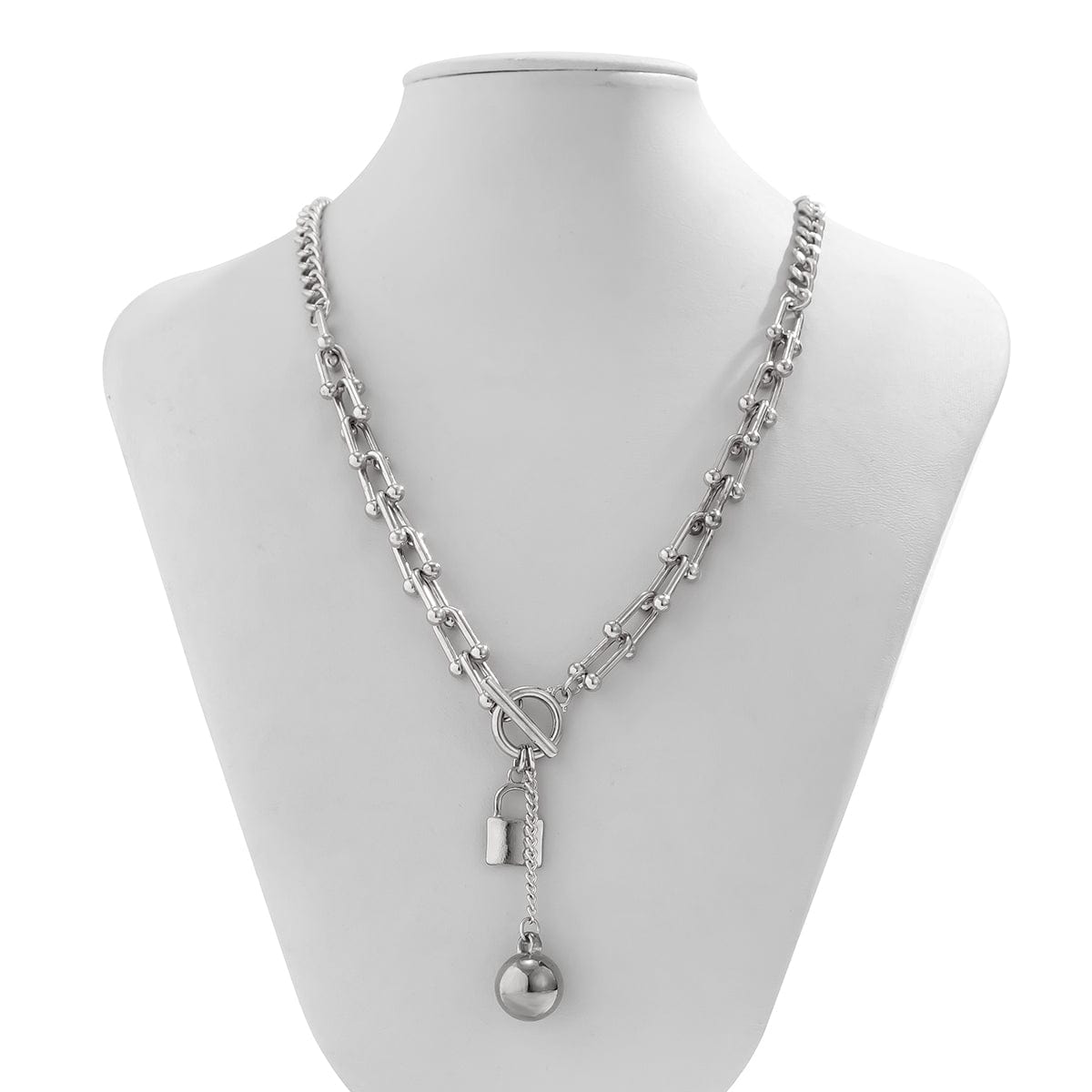 Trendy Toggle Clasp Lock Ball Pendant Curb Chain Necklace - ArtGalleryZen