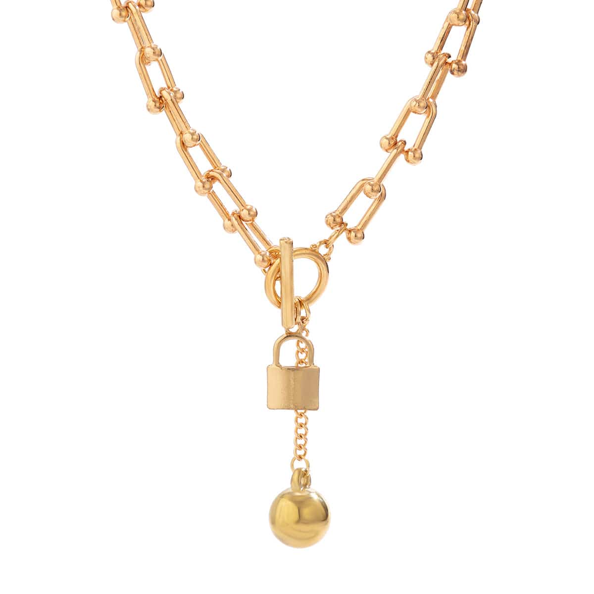 Trendy Toggle Clasp Lock Ball Pendant Curb Chain Necklace - ArtGalleryZen