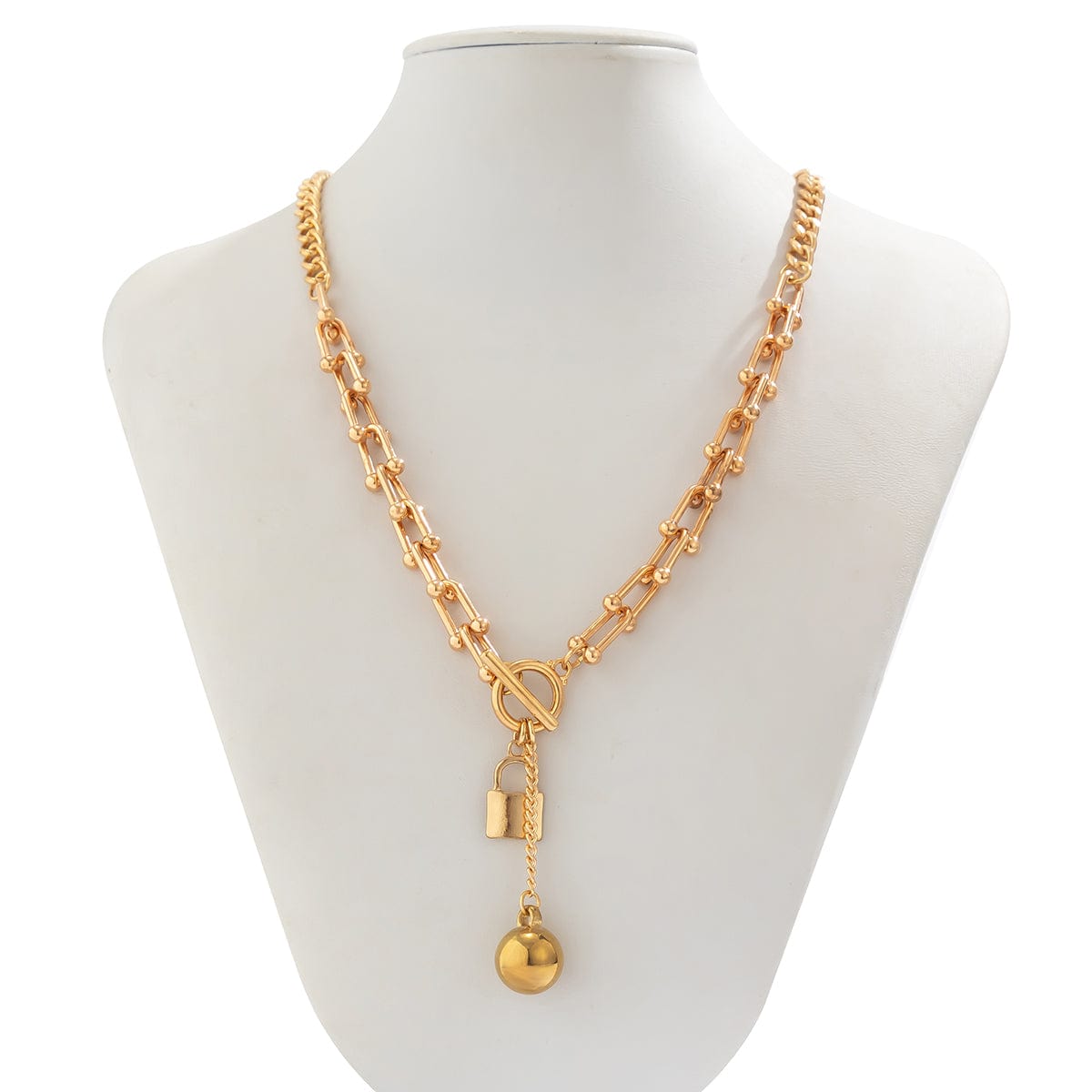 Trendy Toggle Clasp Lock Ball Pendant Curb Chain Necklace - ArtGalleryZen