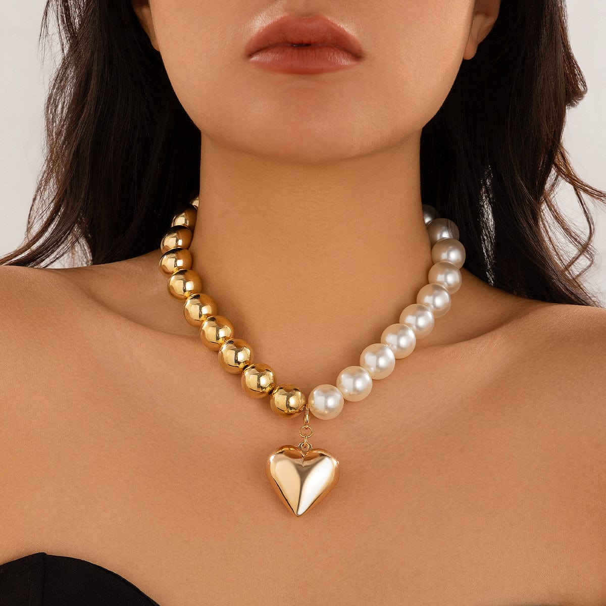 Trendy Two Tone Heart Pendant Pearl Chain Choker Necklace