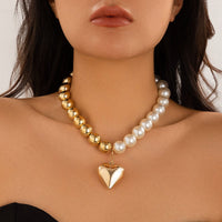 Thumbnail for Trendy Two Tone Heart Pendant Pearl Chain Choker Necklace