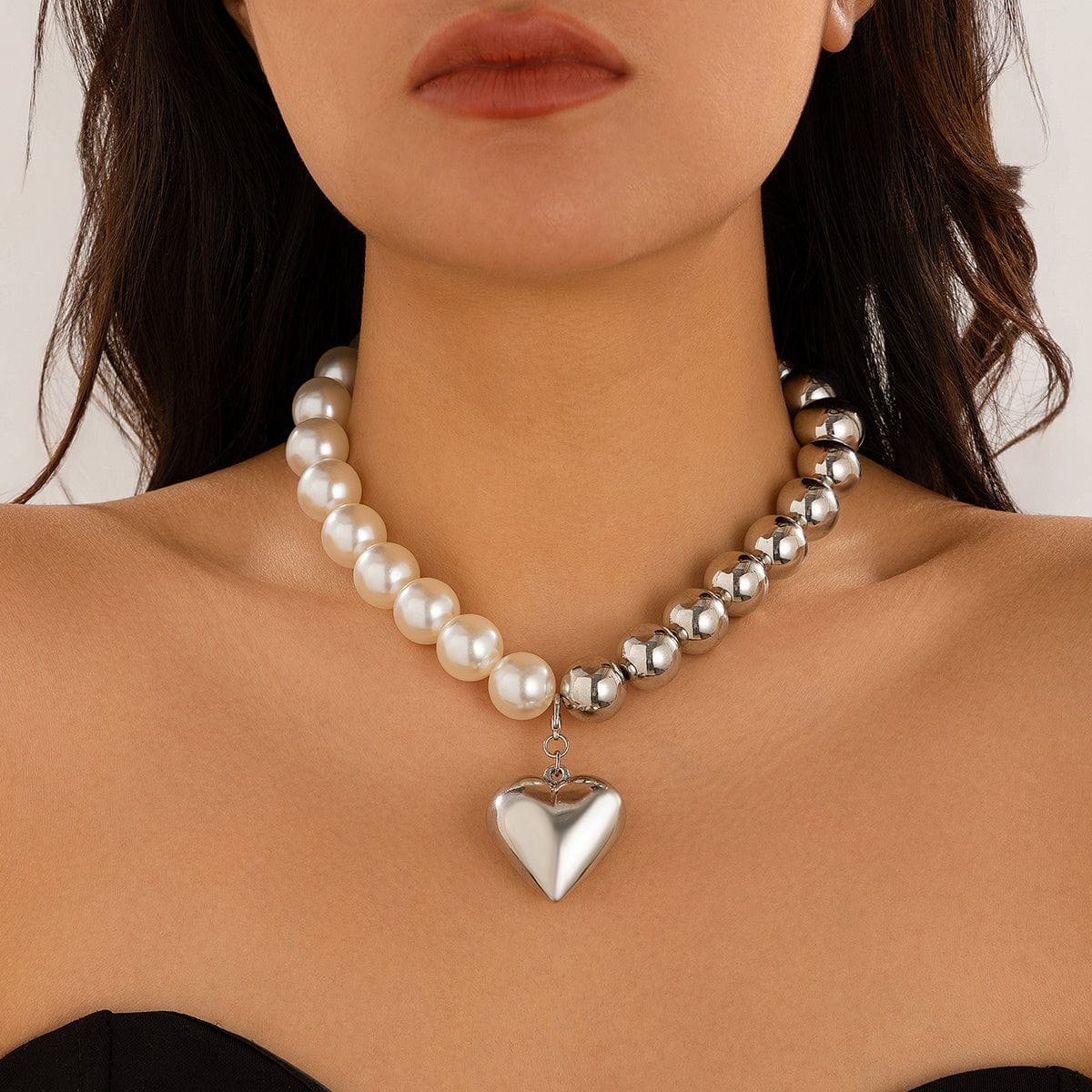 Trendy Two Tone Heart Pendant Pearl Chain Choker Necklace