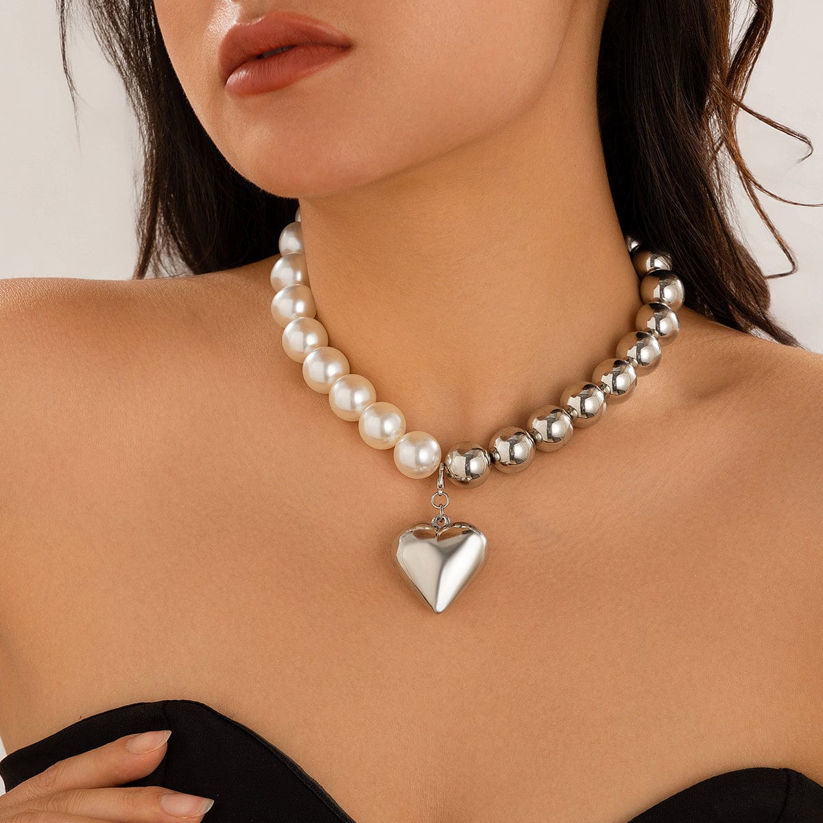 Trendy Two Tone Heart Pendant Pearl Chain Choker Necklace