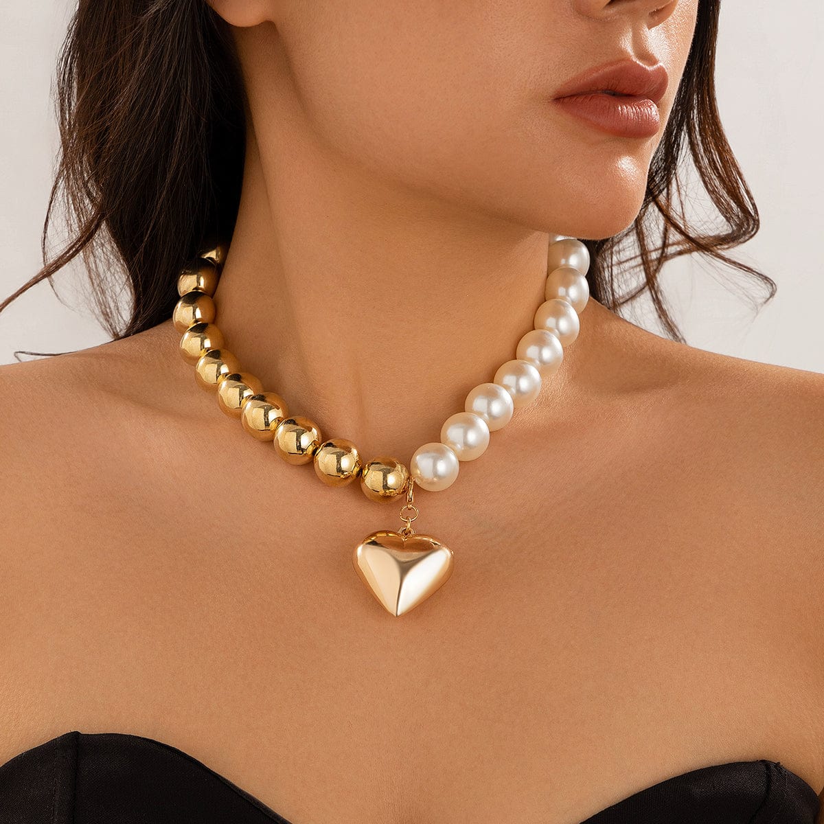 Trendy Two Tone Heart Pendant Pearl Chain Choker Necklace