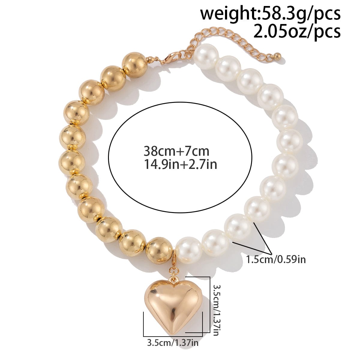 Trendy Two Tone Heart Pendant Pearl Chain Choker Necklace