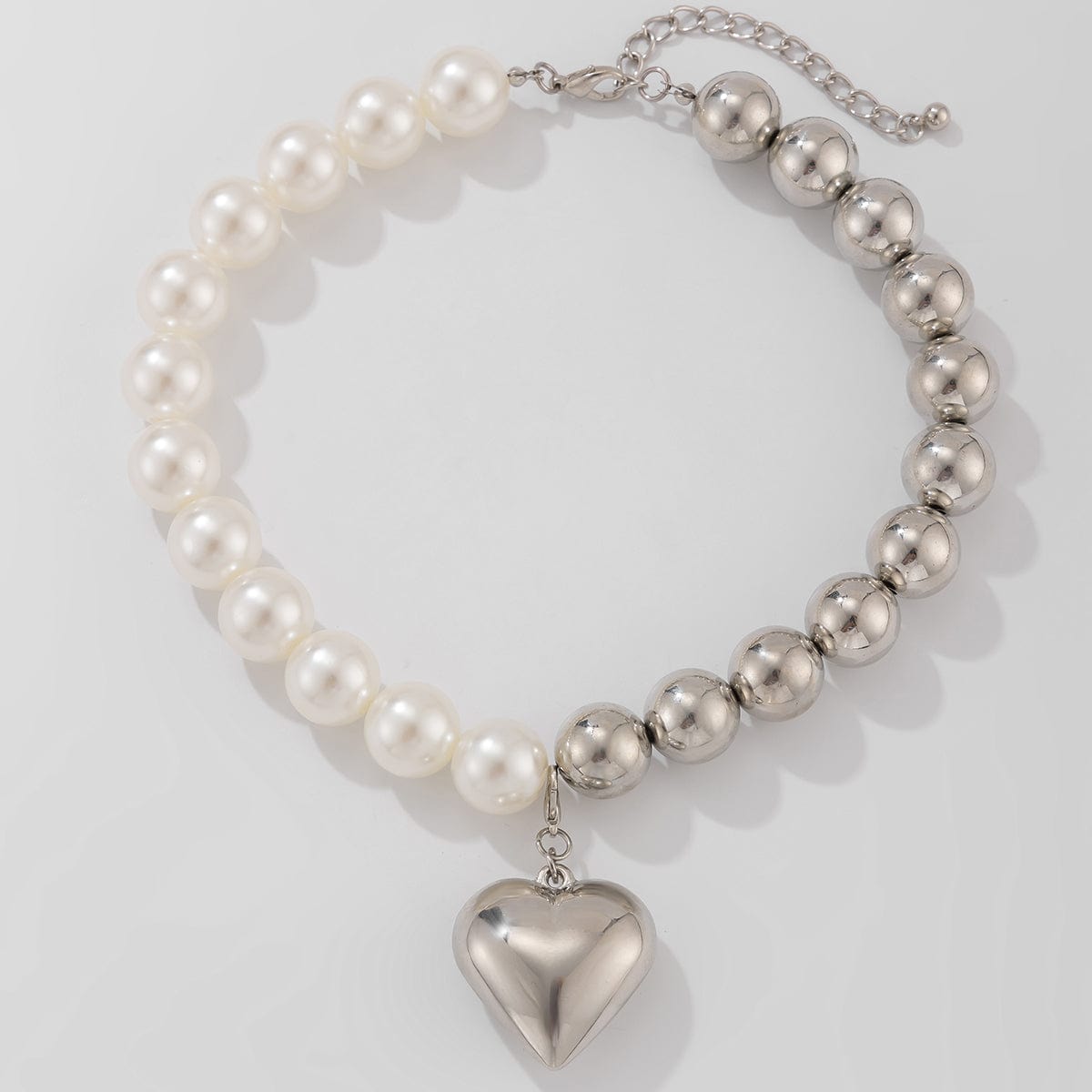 Trendy Two Tone Heart Pendant Pearl Chain Choker Necklace