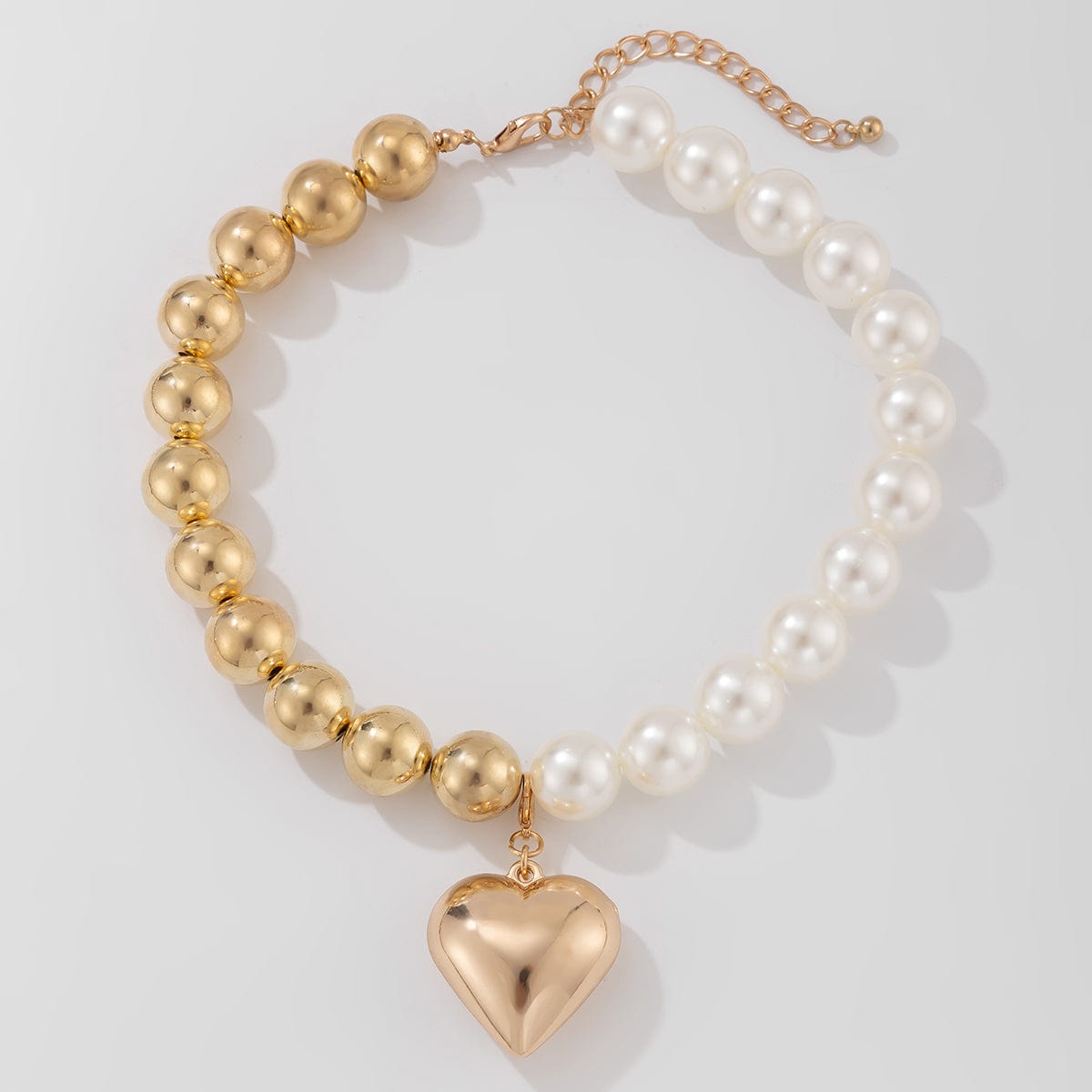 Trendy Two Tone Heart Pendant Pearl Chain Choker Necklace