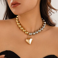 Thumbnail for Trendy Two Tone Heart Pendant Pearl Chain Choker Necklace