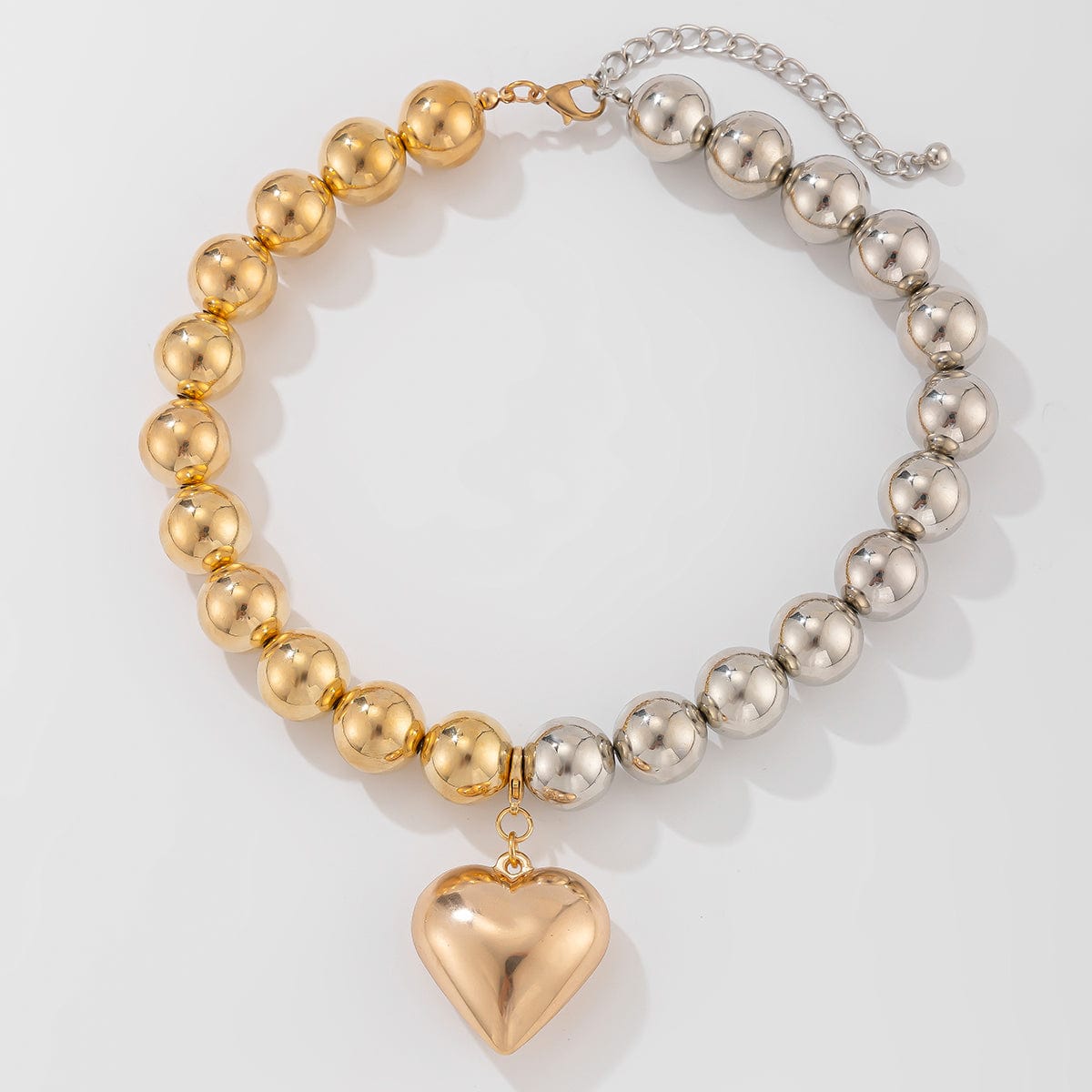 Trendy Two Tone Heart Pendant Pearl Chain Choker Necklace