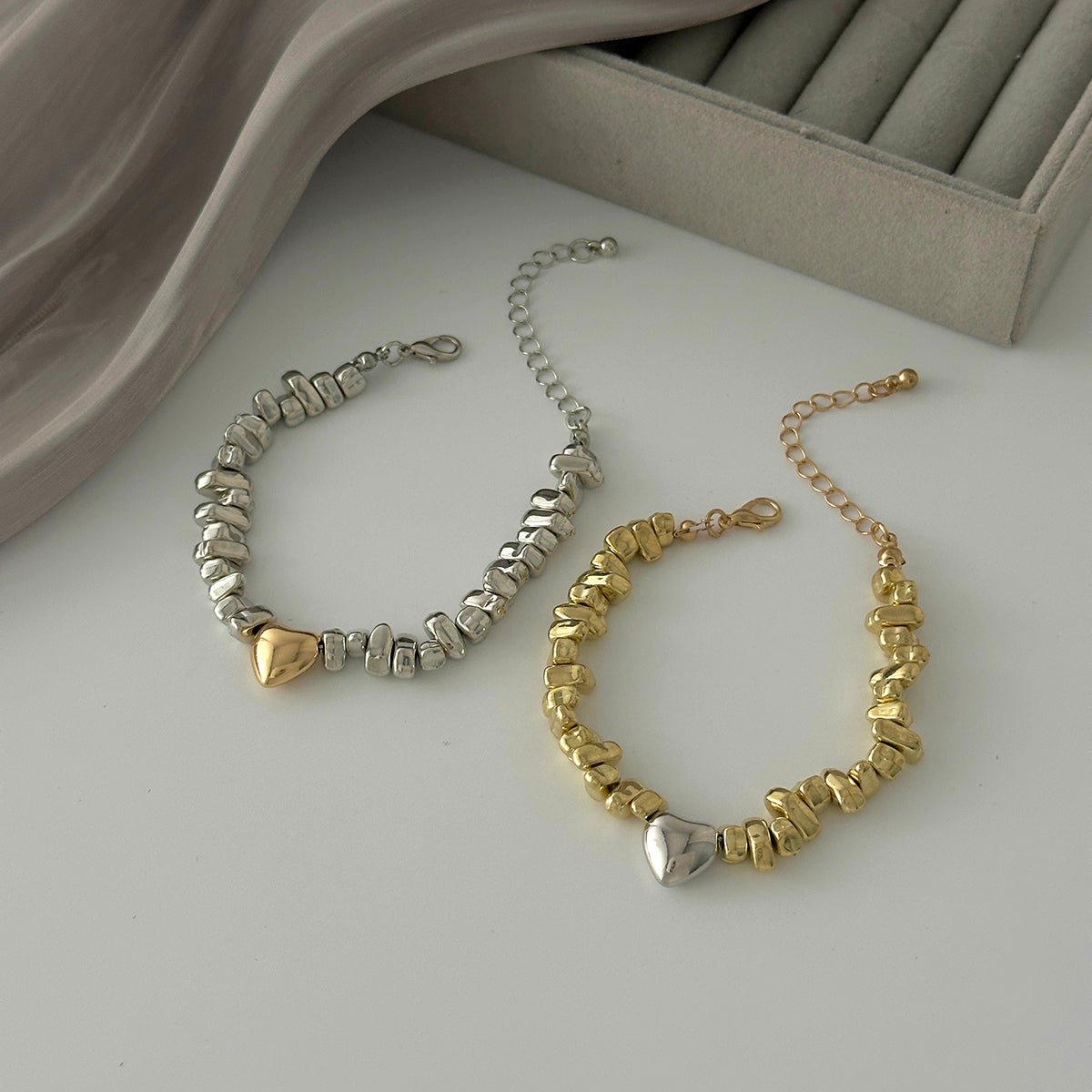 Two Tone Heart Charm Irregular Beaded Bracelet Set Gold Silver - ArtGalleryZen