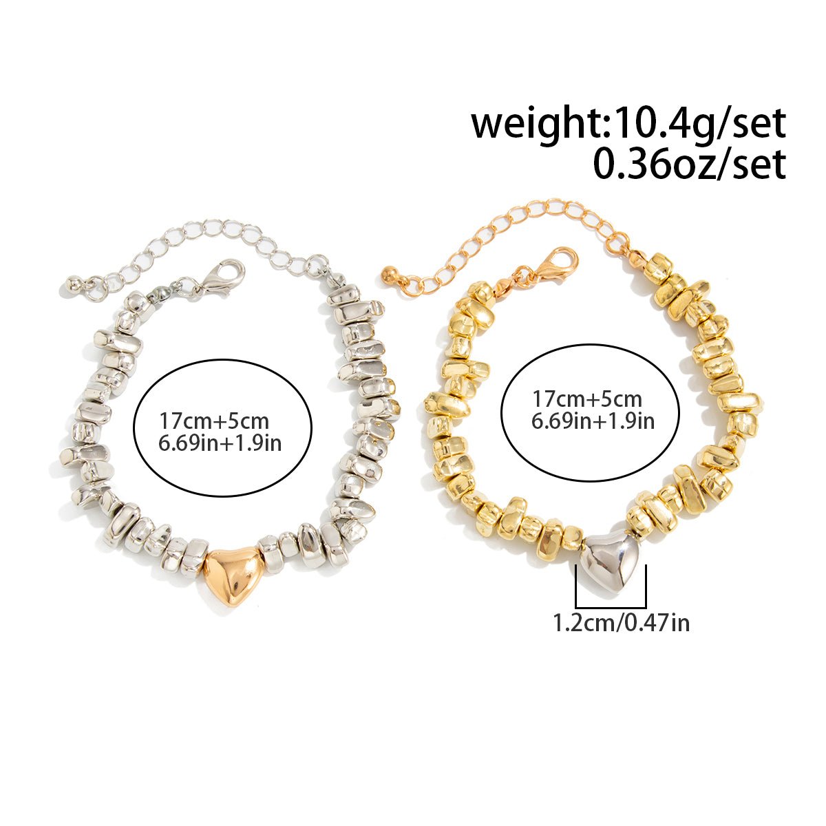 Two Tone Heart Charm Irregular Beaded Bracelet Set Gold Silver - ArtGalleryZen