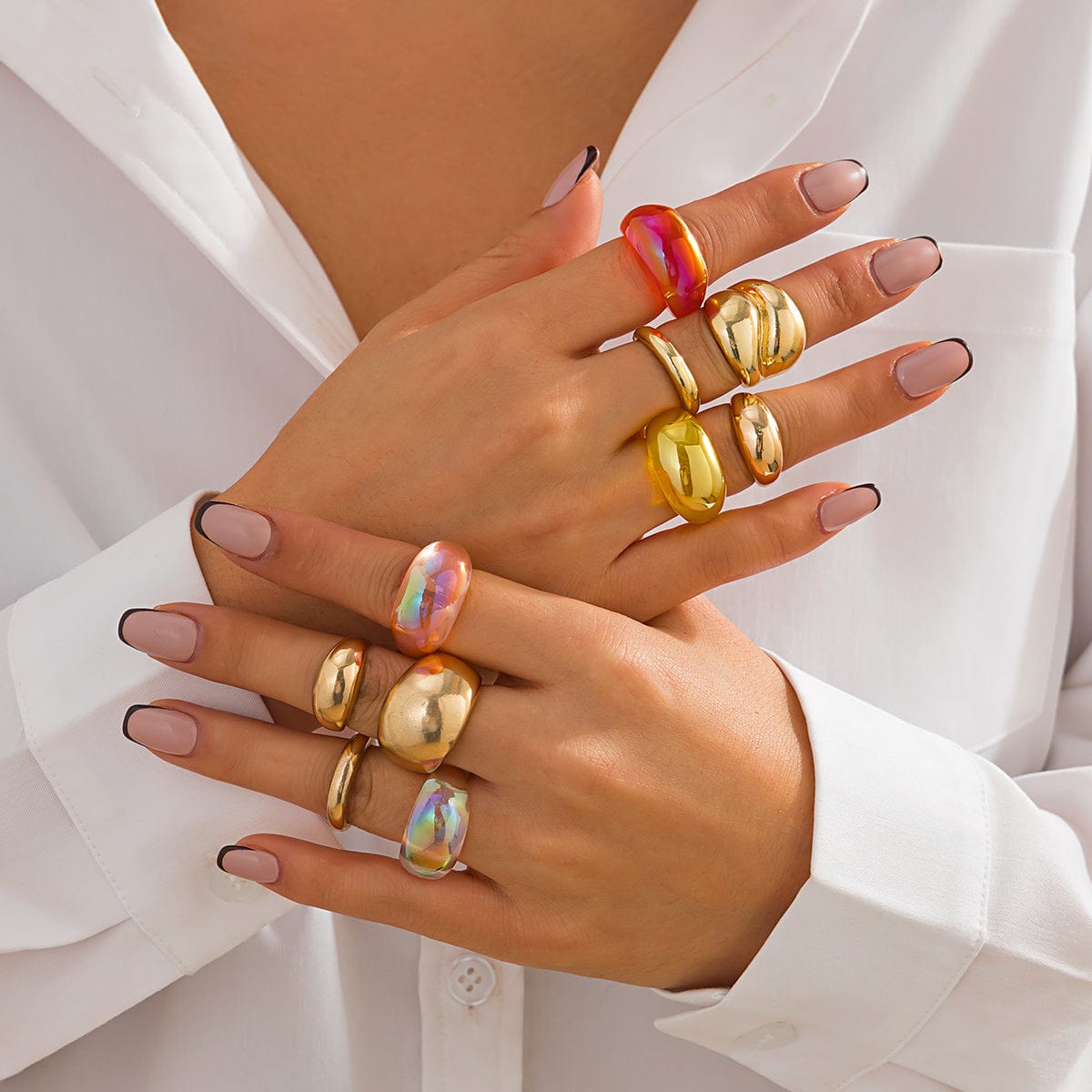 Vintage 10pcs Chunky Gold Plated Laser Acrylic Ring Set