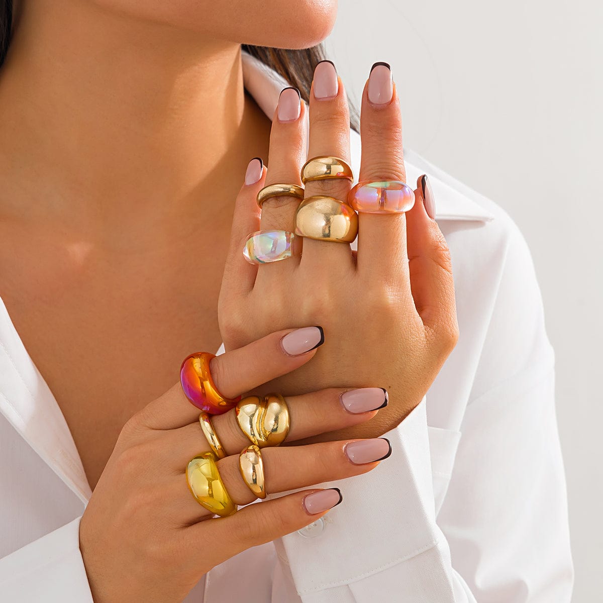 Vintage 10pcs Chunky Gold Plated Laser Acrylic Ring Set