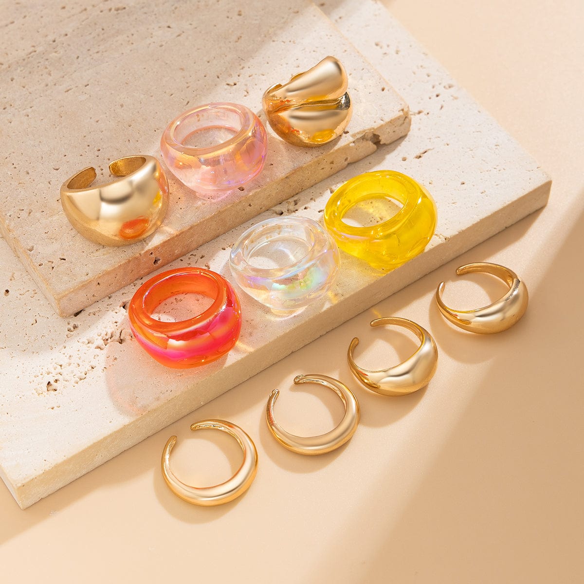 Vintage 10pcs Chunky Gold Plated Laser Acrylic Ring Set