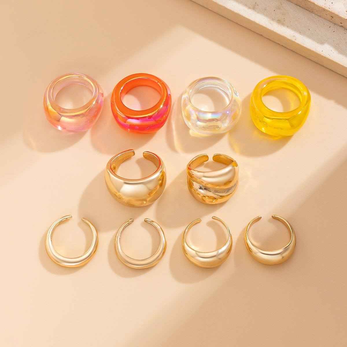 Vintage 10pcs Chunky Gold Plated Laser Acrylic Ring Set