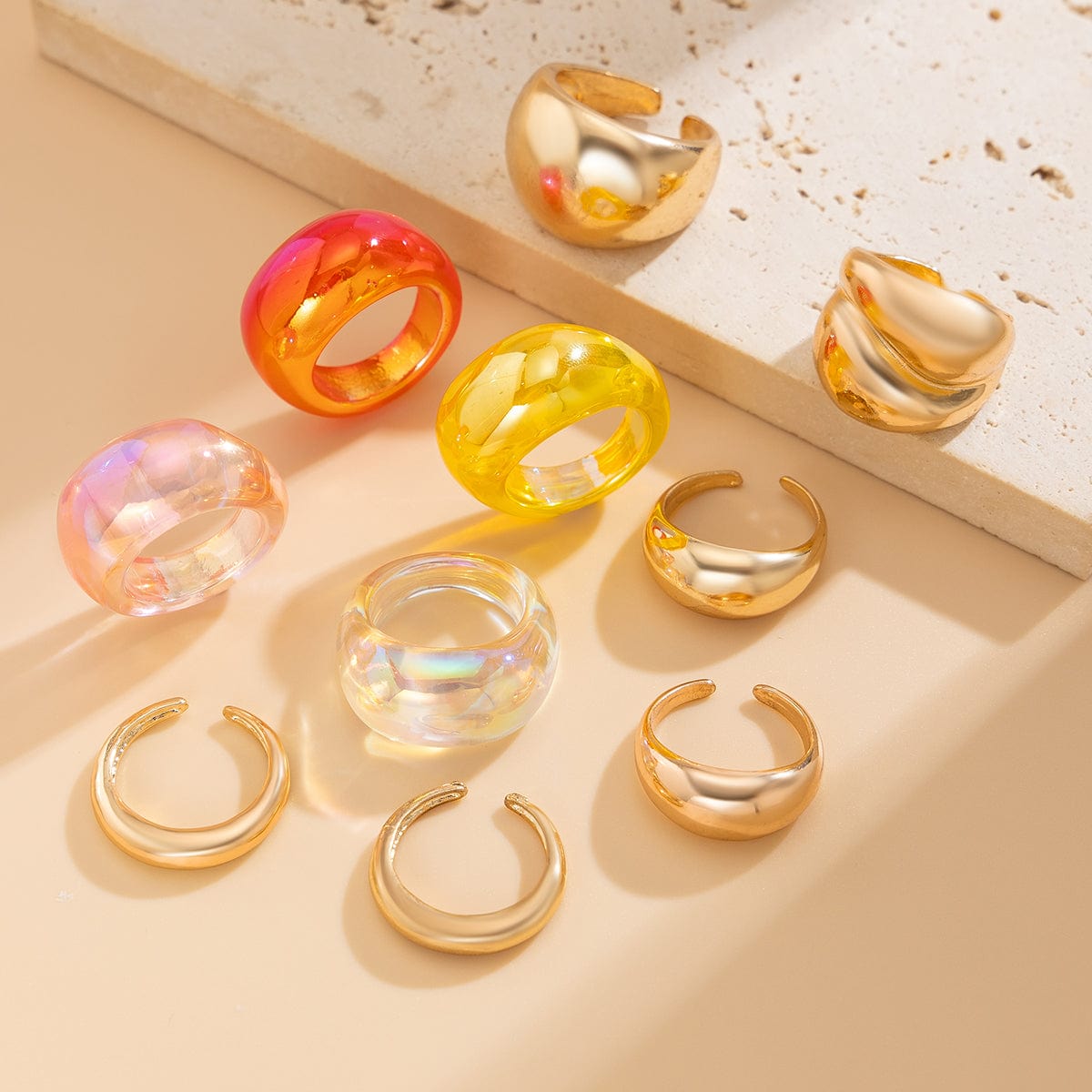 Vintage 10pcs Chunky Gold Plated Laser Acrylic Ring Set