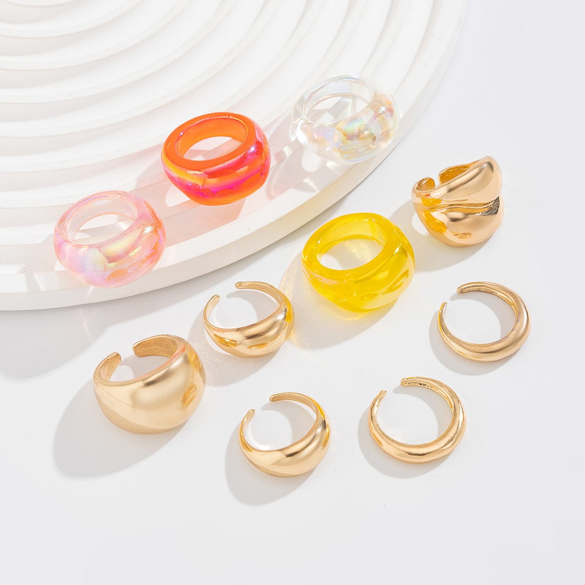 Vintage 10pcs Chunky Gold Plated Laser Acrylic Ring Set