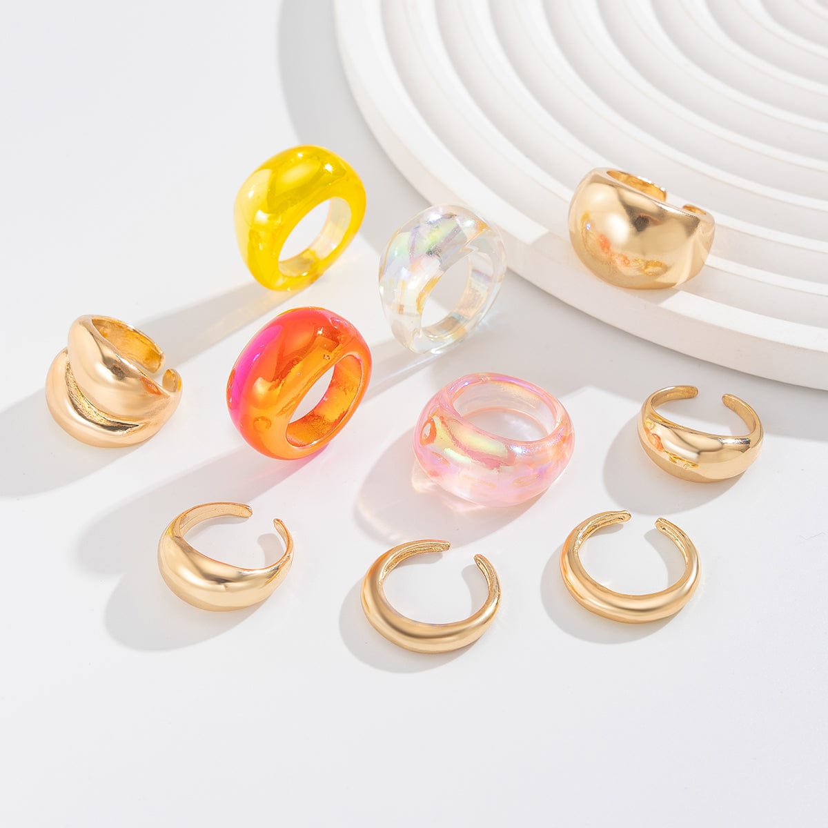 Vintage 10pcs Chunky Gold Plated Laser Acrylic Ring Set