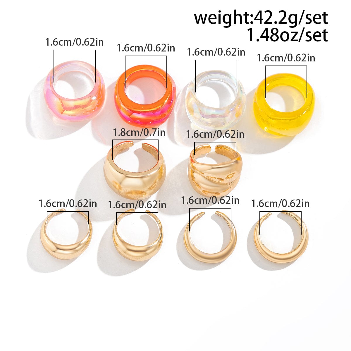 Vintage 10pcs Chunky Gold Plated Laser Acrylic Ring Set