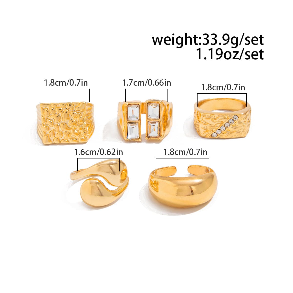 Vintage 5pcs Chunky Rhinestone Inlaid Textured Ring Set - ArtGalleryZen