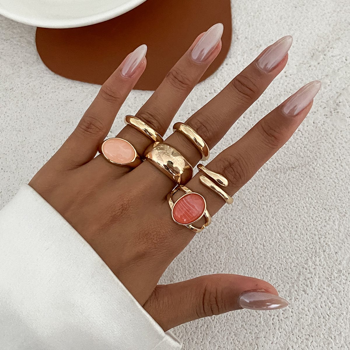 Vintage 6pcs Crystal Inlaid Glossy Open Ring Set - ArtGalleryZen