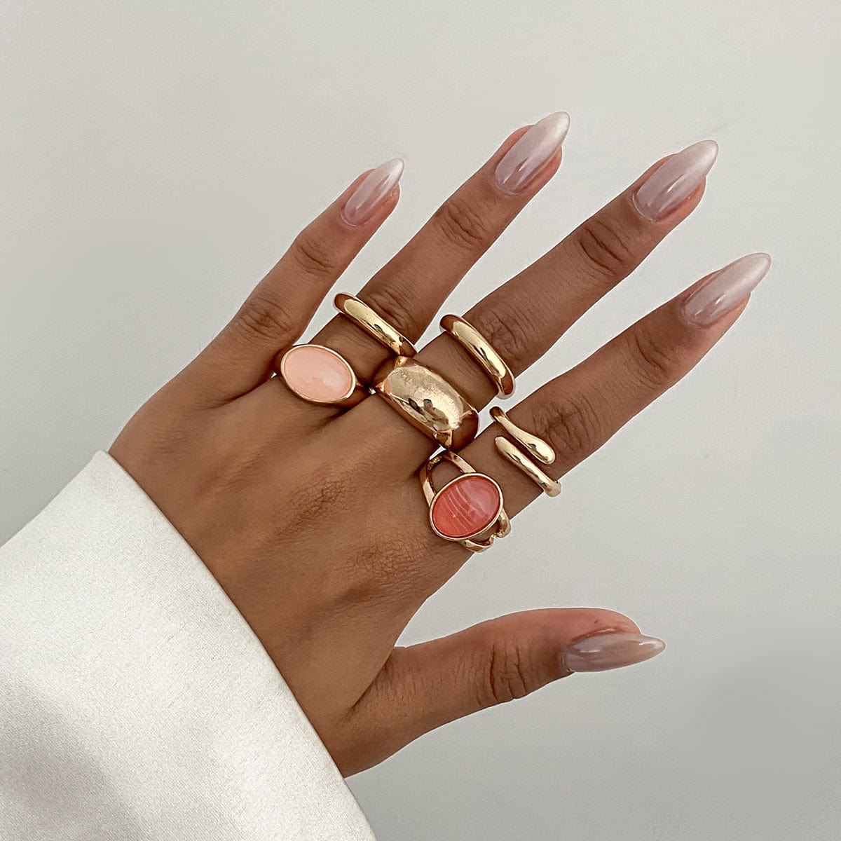 Vintage 6pcs Crystal Inlaid Glossy Open Ring Set - ArtGalleryZen