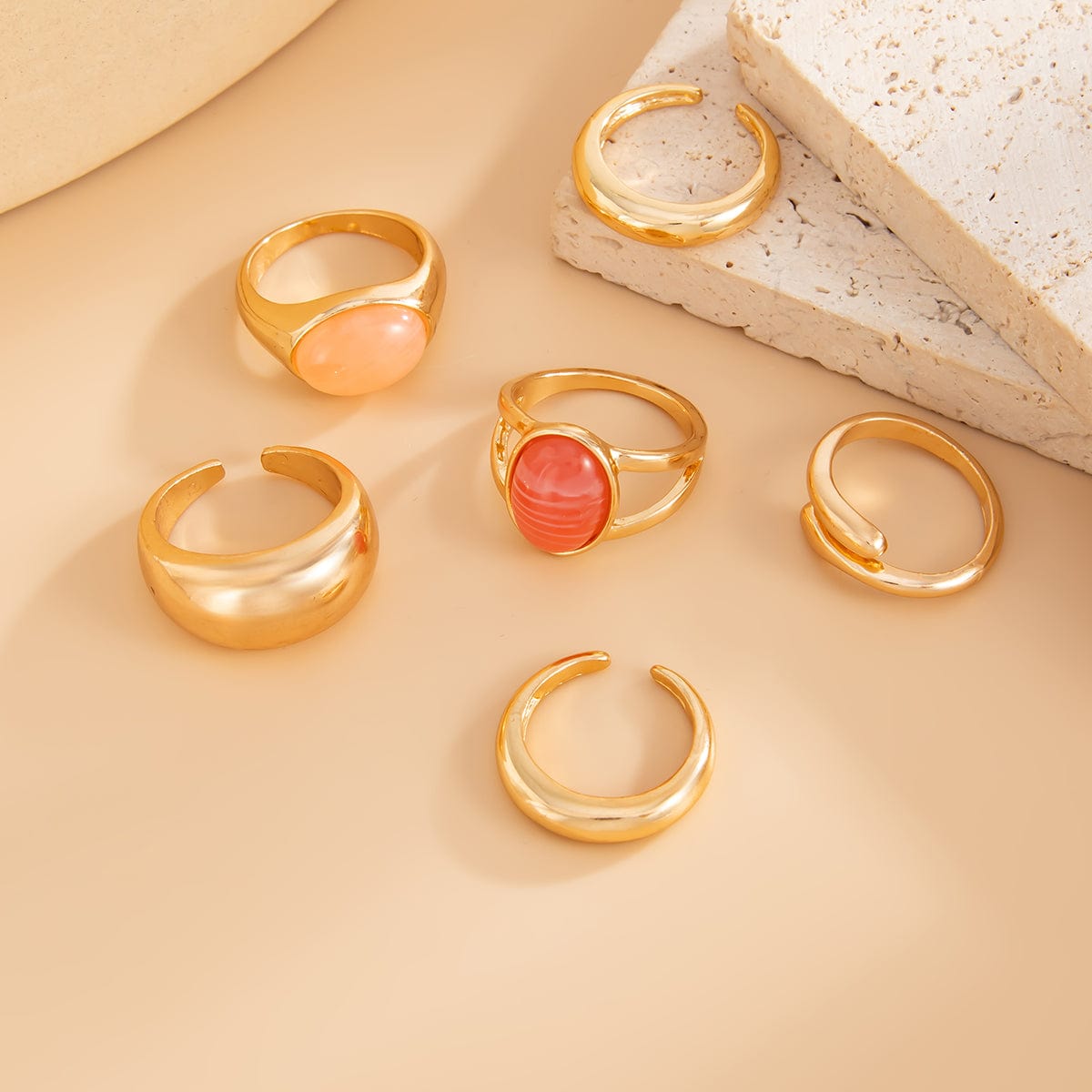 Vintage 6pcs Crystal Inlaid Glossy Open Ring Set - ArtGalleryZen