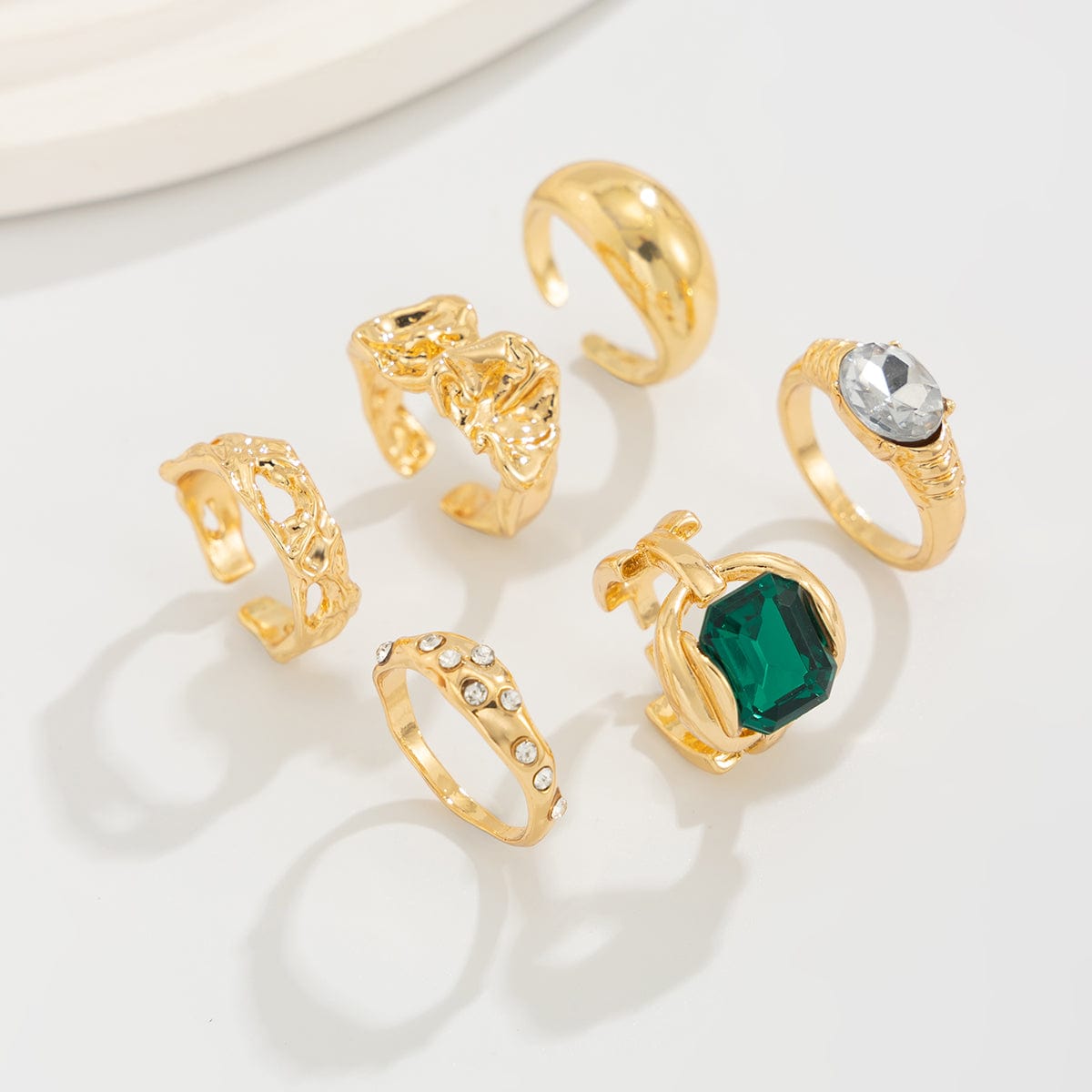 Vintage 6pcs Rhinestone Inlaid Pleated Open Ring Set - ArtGalleryZen