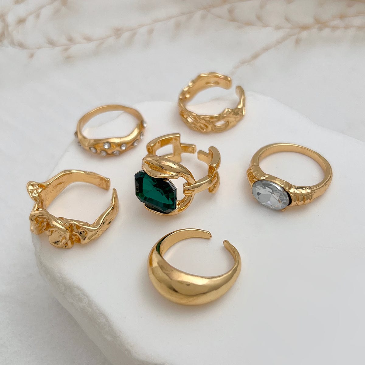 Vintage 6pcs Rhinestone Inlaid Pleated Open Ring Set - ArtGalleryZen