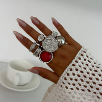 Thumbnail for Vintage 7pcs Chunky Crystal Inlaid Pleated Ring Set - ArtGalleryZen