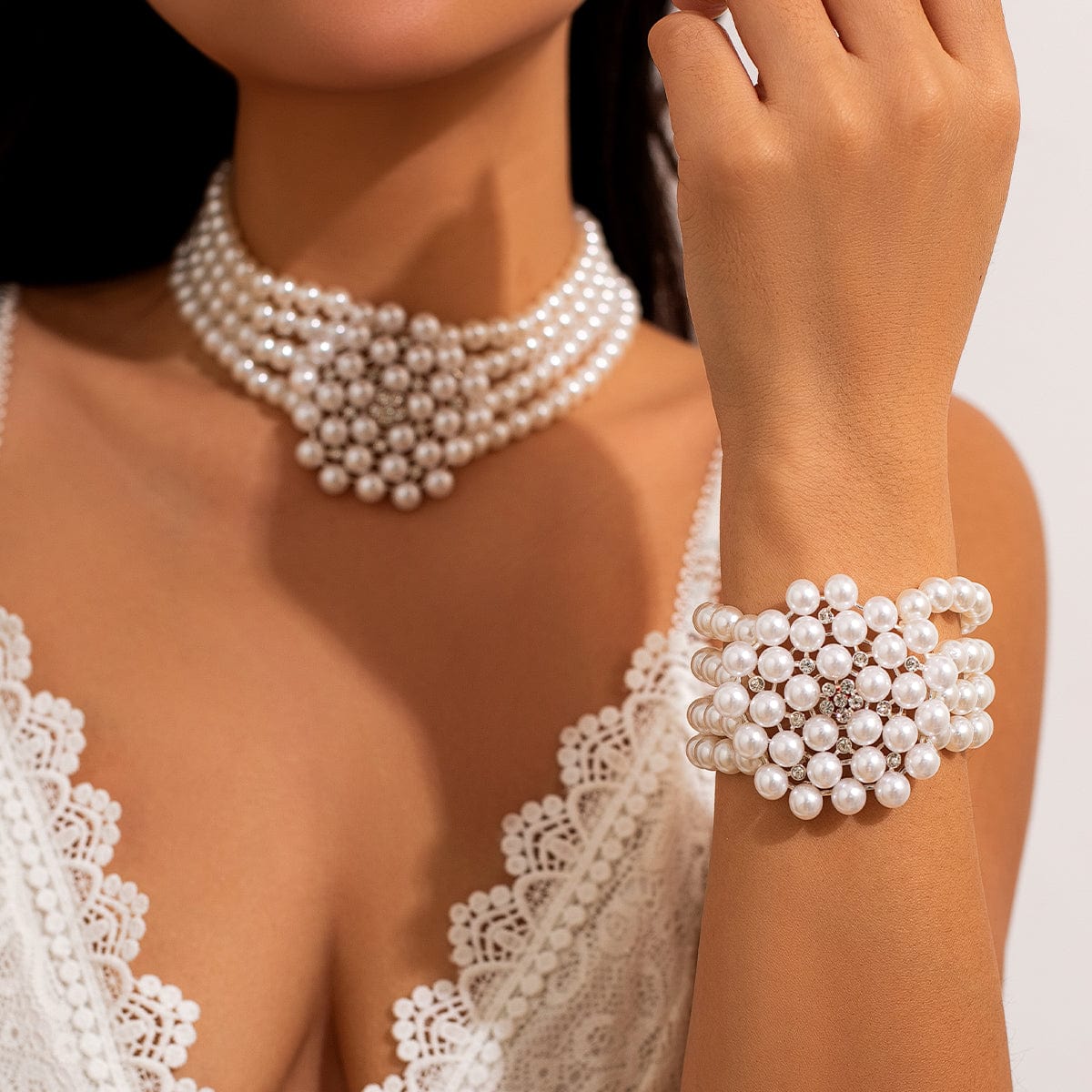 Vintage Chunky Layered Pearl Beaded Necklace Bracelet - ArtGalleryZen