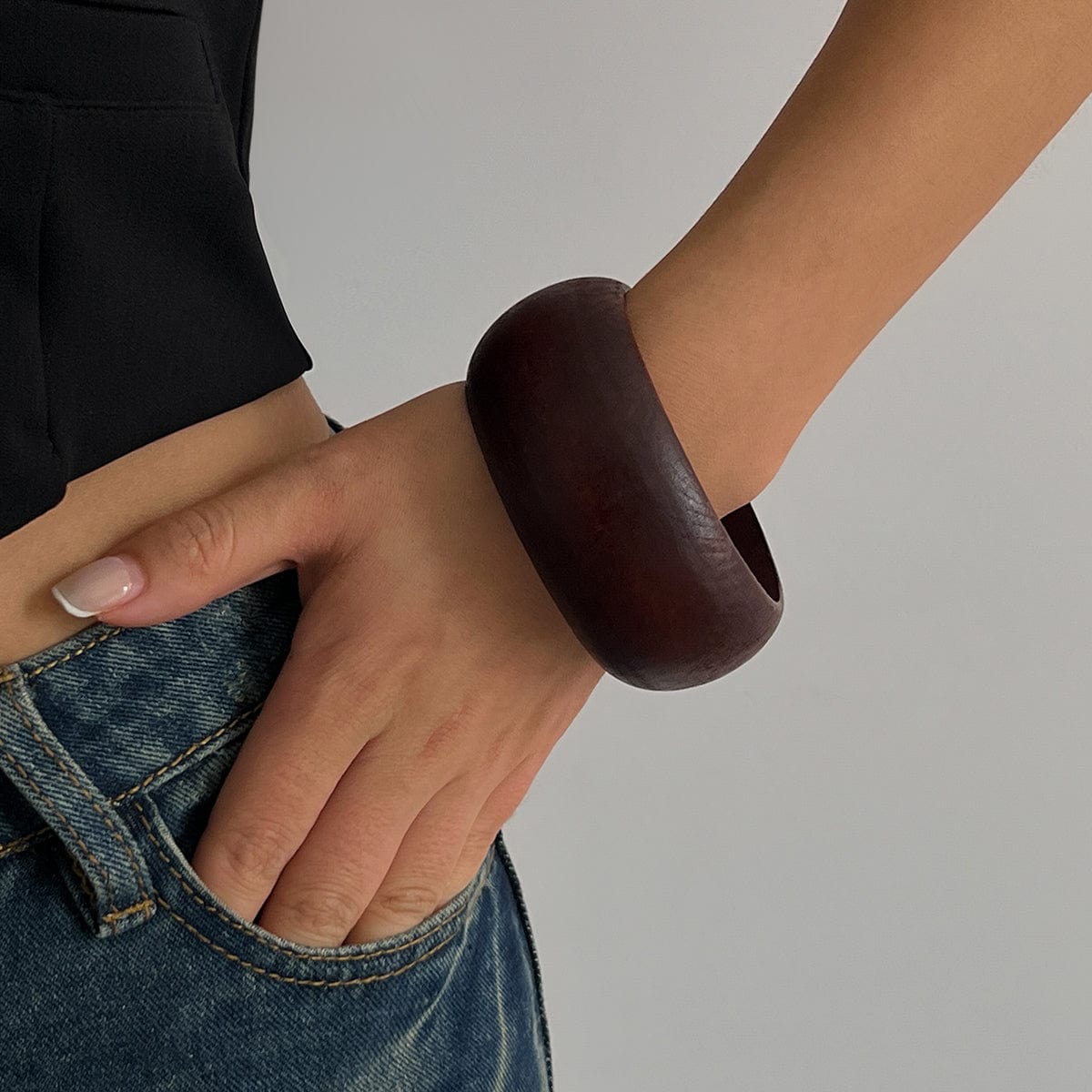 Vintage Chunky Wood Wide Cuff Bangle Bracelet