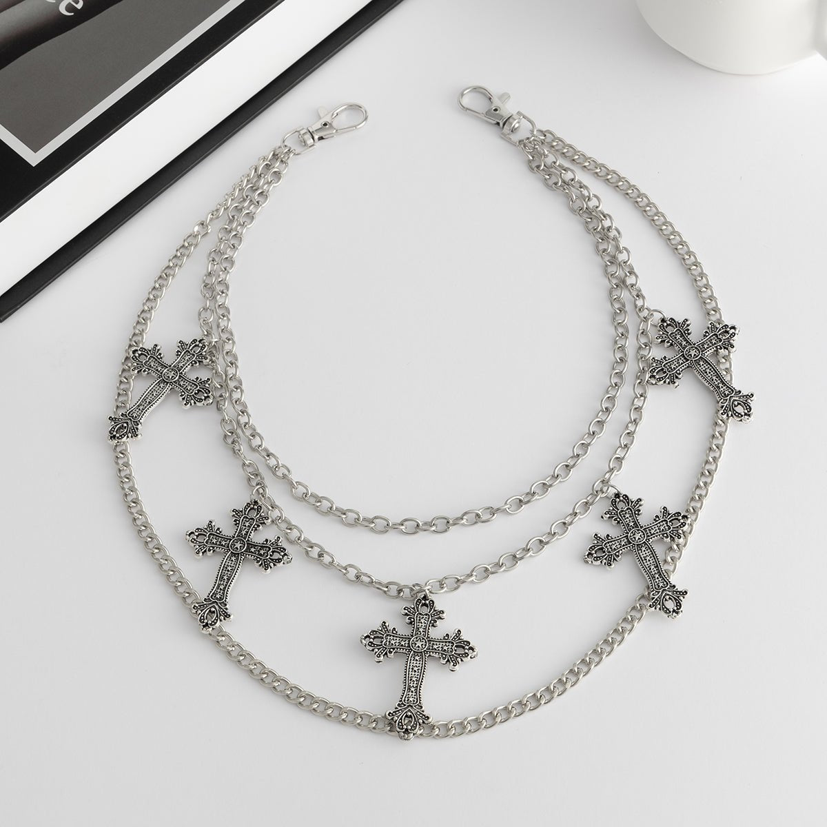 Vintage Layered Carved Cross Pendant Trouser Chain - ArtGalleryZen