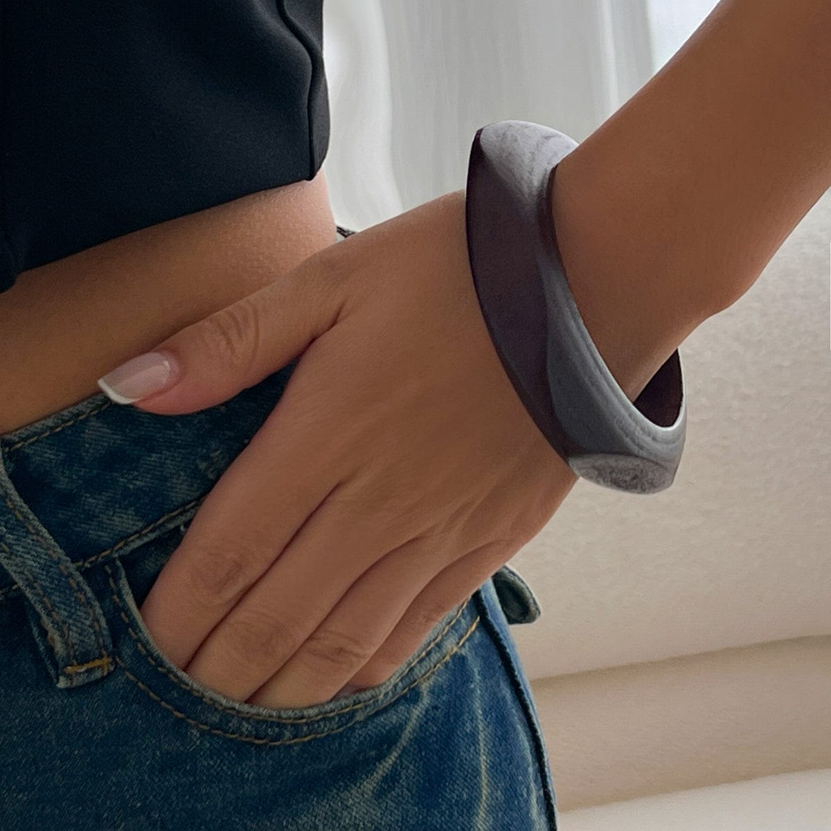 Vintage Square Wood Thick Bangle Bracelet