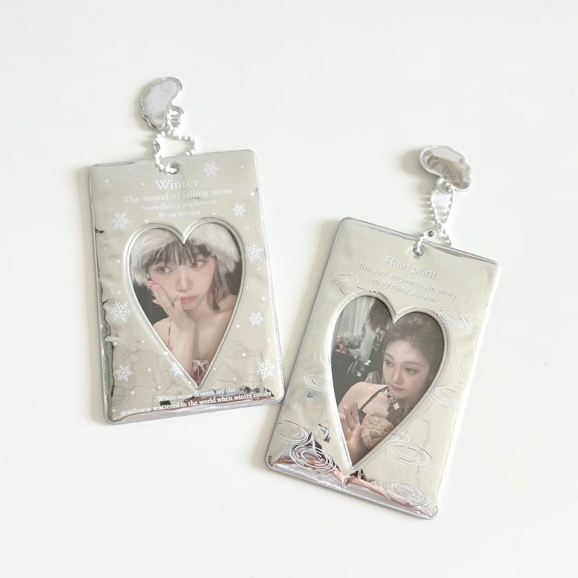 Winter Rain Heart Silver Tone Mirror Kpop Keychain Photocard Holder - ArtGalleryZen