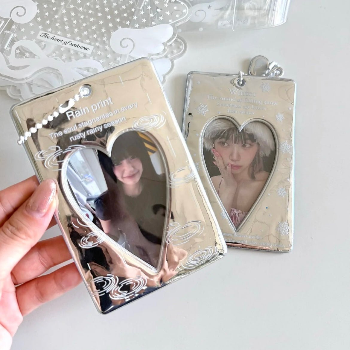 Winter Rain Heart Silver Tone Mirror Kpop Keychain Photocard Holder - ArtGalleryZen