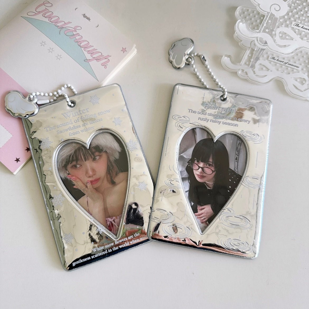 Winter Rain Heart Silver Tone Mirror Kpop Keychain Photocard Holder - ArtGalleryZen