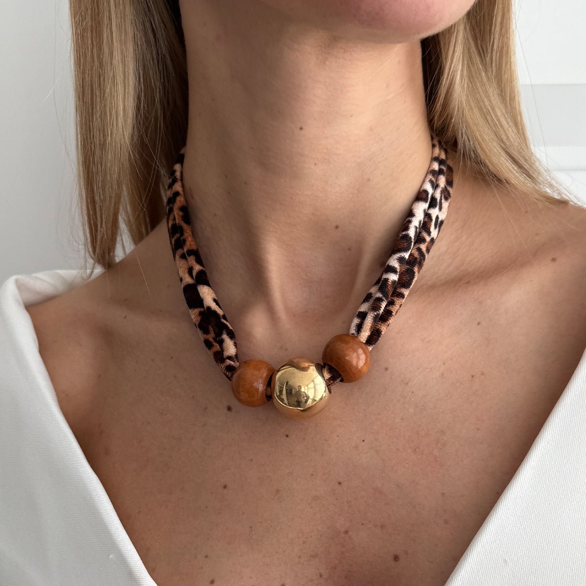 Wooden Beads Leopard Print Velvet Choker Necklace Retro Charm - ArtGalleryZen