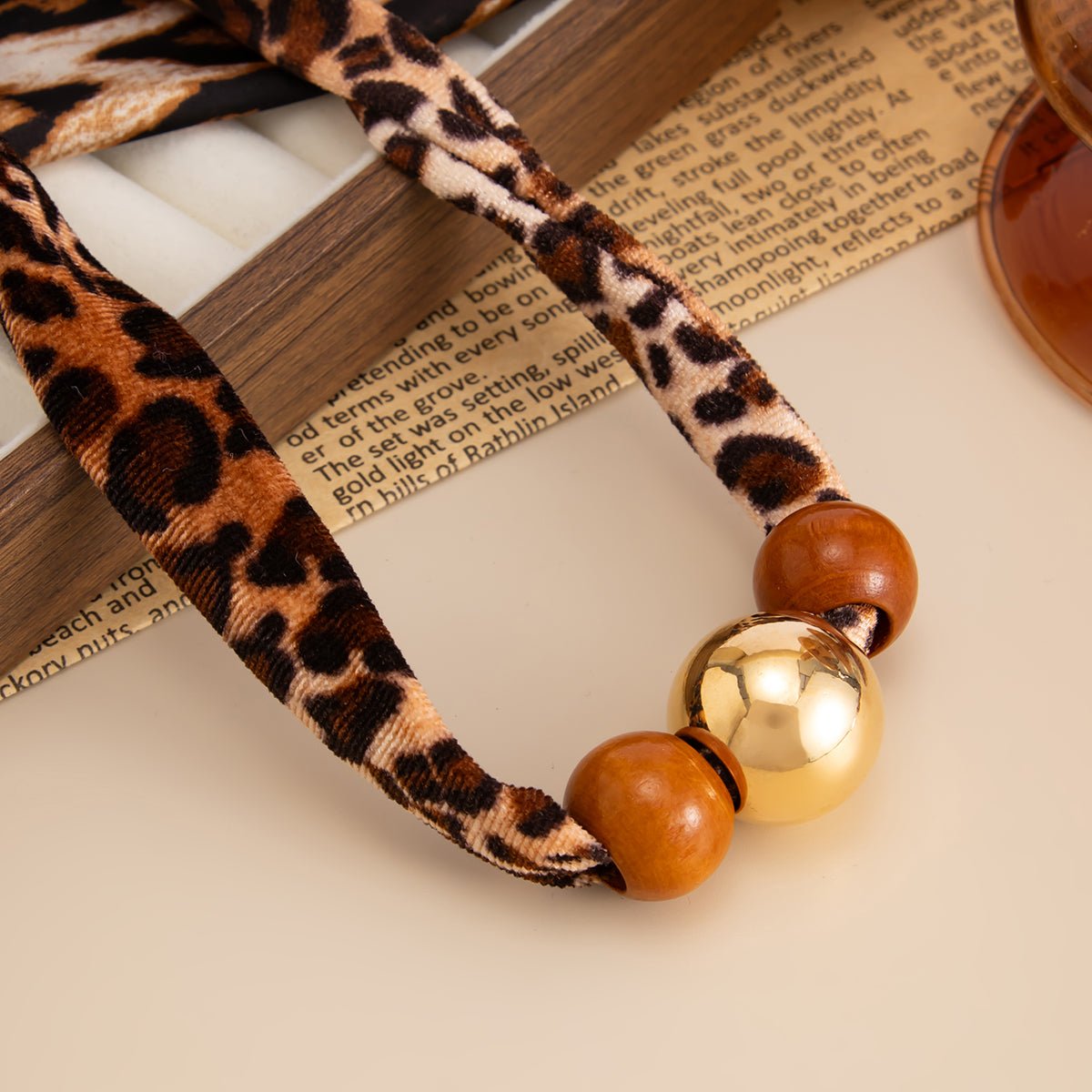 Wooden Beads Leopard Print Velvet Choker Necklace Retro Charm - ArtGalleryZen