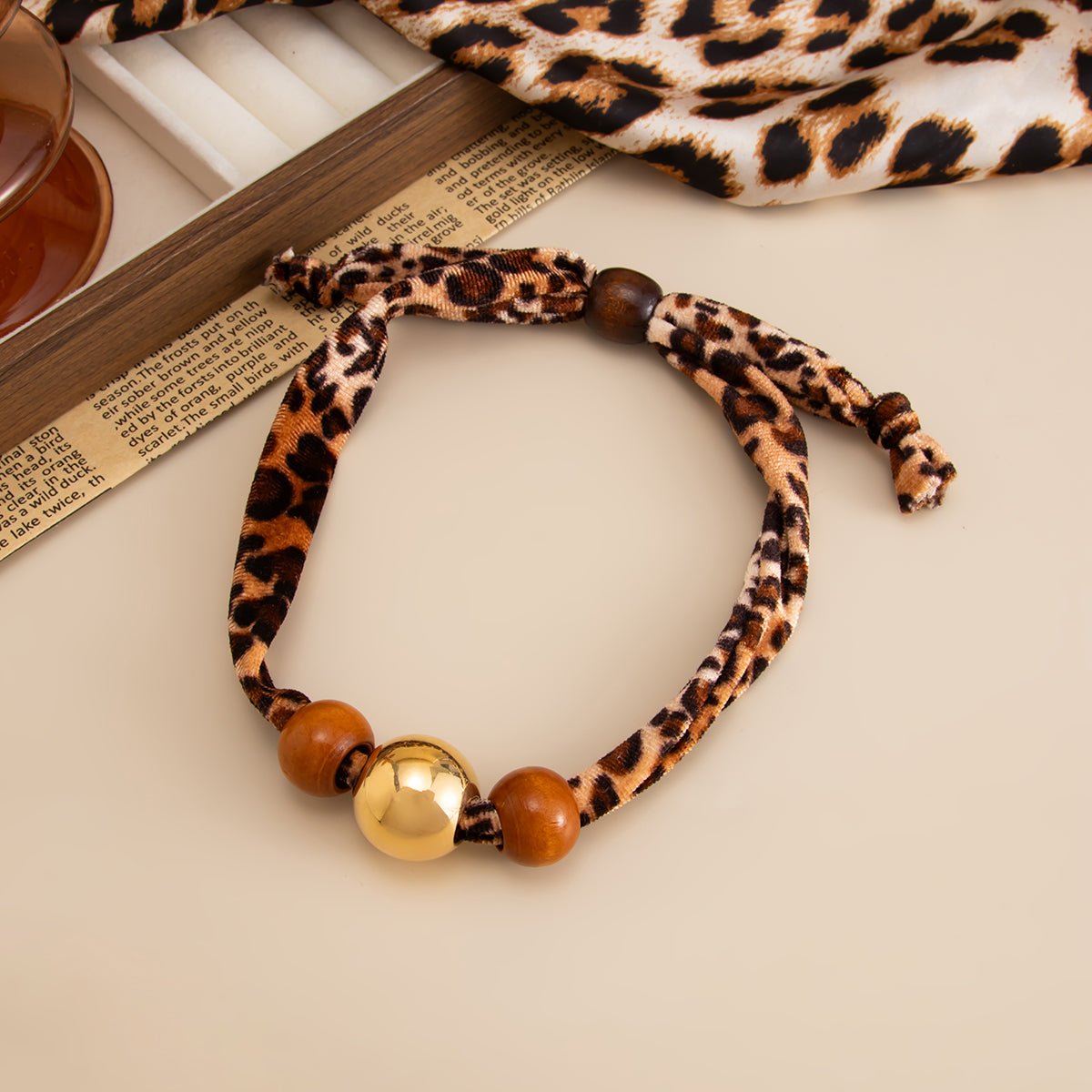 Wooden Beads Leopard Print Velvet Choker Necklace Retro Charm - ArtGalleryZen
