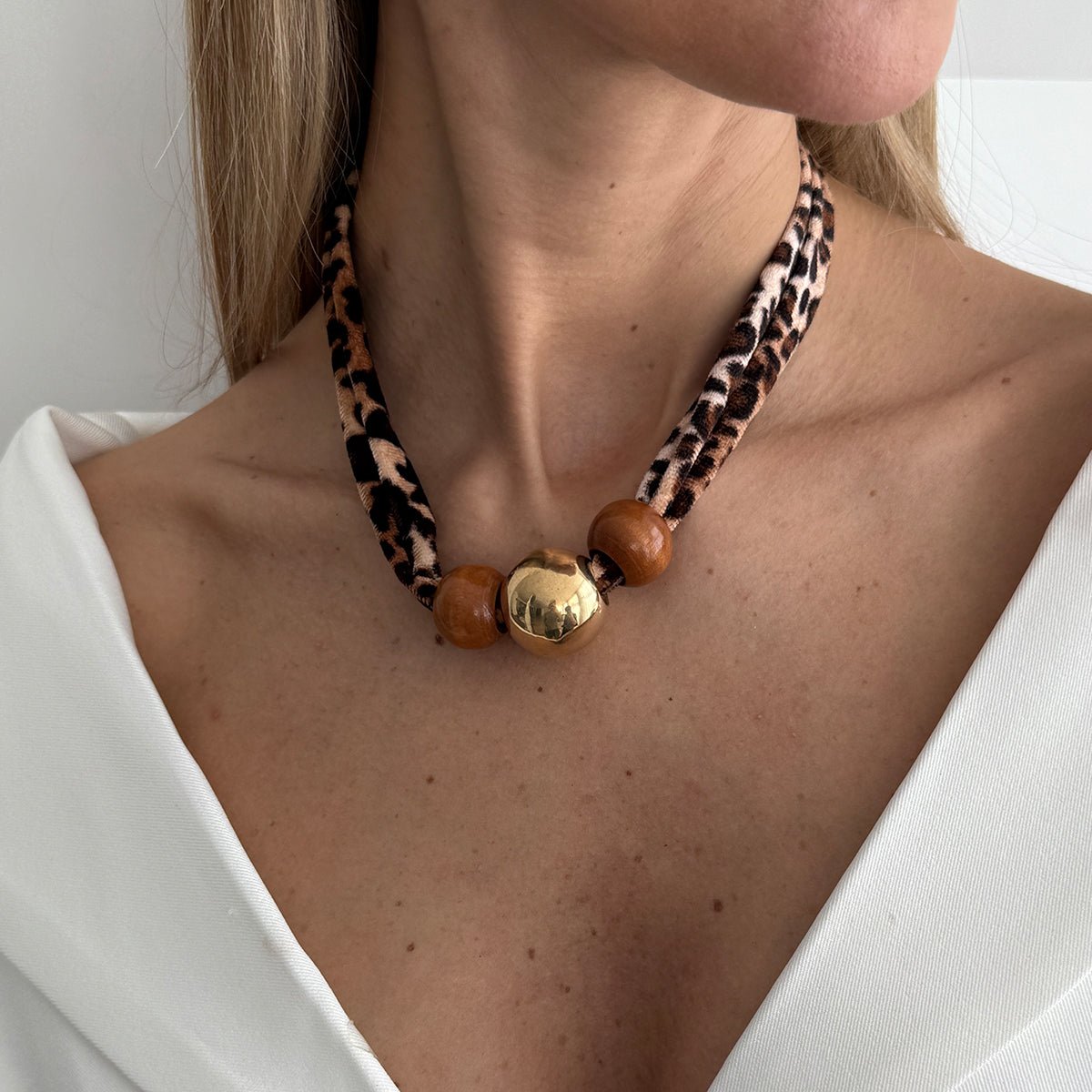 Wooden Beads Leopard Print Velvet Choker Necklace Retro Charm - ArtGalleryZen